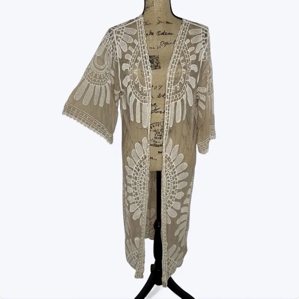 Rebellion Again Sheer Lace‎ Mesh Duster Cardigan Womens Sz M Festival Boho Fairy